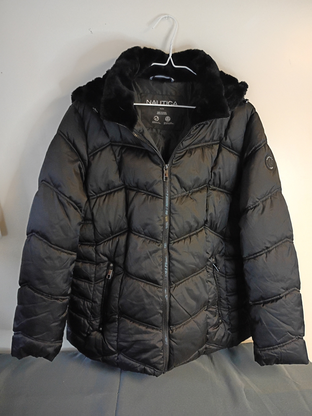 Nautica Black Quilted Puffer Coat with Faux Fur Collar